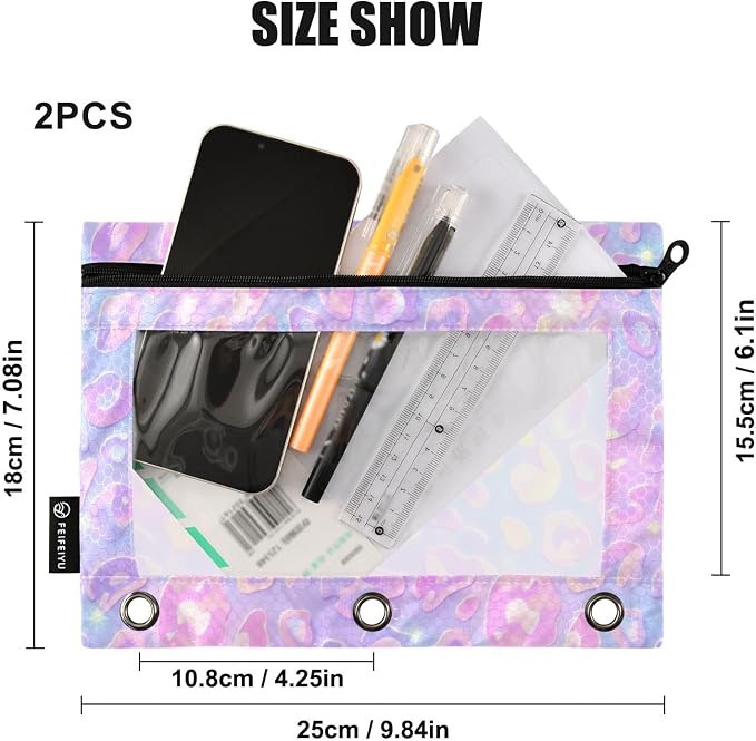 Gredecor Binder Pencil Pouch 3 Ring Pastel Leopard Purple Zipper Pencil Pouches Case 2 Pack Clear Binder Organizer for School Office