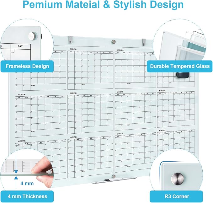 Large Glass Dry Ease Calendar for Wall, 72 x 48 Inches Magnetic Glass Yearly Calendar Whiteboard, 6' x 4' Frameless Planner Board for Office, Home, School