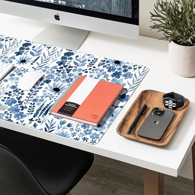 Flower Large Mouse Pad, Floral Desk Matt for Desktop, PU Leather Waterproof Desk Pad, Computer PC Laptop Protector Gaming Mouse Pads for Women Office Decor (27.5" x 13.8")