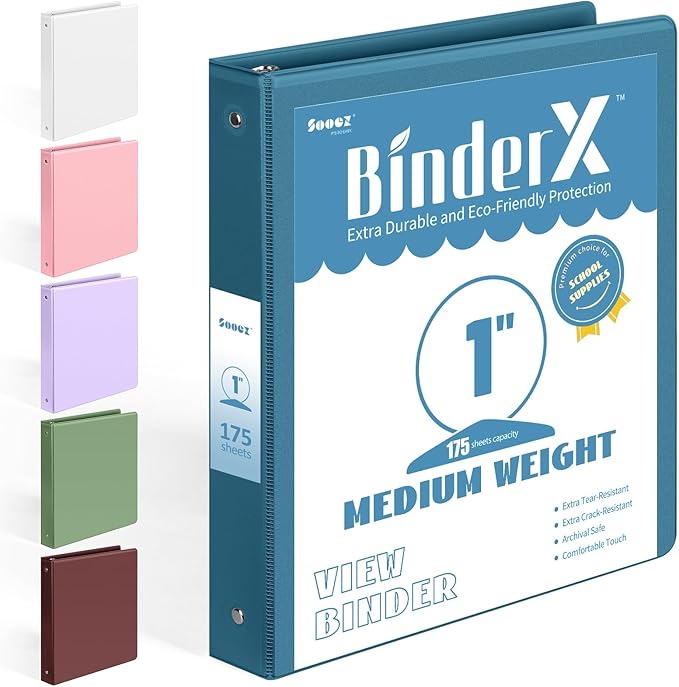 BinderX Extra Durable 3 Ring Binder, Round Rings 1 Inch Binder, Fits 175 Sheets of 8.5x11 Paper, Customizable View Cover with Inside Pockets, Cute 1" Binders, 1 Inch Binders 3 Ring, Navy Blue