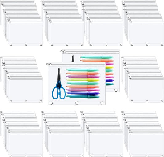 Lincia 100 Pack Clear Pencil Pouch for 3 Ring Binder Pencil Case with Zipper 3 Ring Binder Pocket Insert Bag 10 x 7'' Visible Cash Envelope with Re-enforced Grommet for Office (Clear)