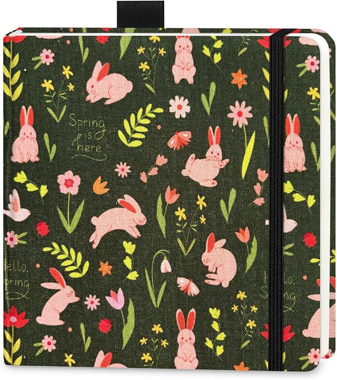 5x5 Handy Portable Handmade Cloth Fabric Hardcover Sewing Binding Travel Watercolor Paper 140LB/300gsm 20Sheets/40Pages Journal Mixed Media Pad Sketchbook. Spring Rabbit