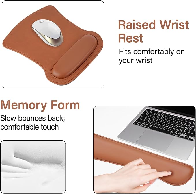 MOSISO Keyboard Mouse Pad Set, PU Leather Large Gaming Mousepad&Keyboard Wrist Rest&Mouse Wrist Rest&Coaster, Ergonomic Non-Slip Mousepad&Easy Typing Cushion with Memory Foam for Home Office, Brown