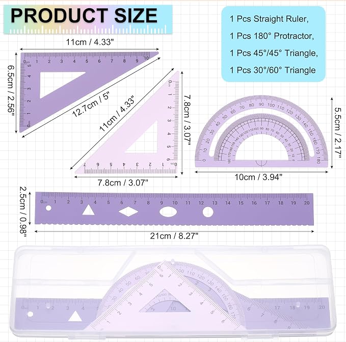 PATIKIL Geometry Set, 8 Inch Aluminum Ruler & 2 Triangles, Metal Protractor Ruler Math Drafting Measuring Tool for Home Office Math Drawing Engineering Art,Gradient Purple
