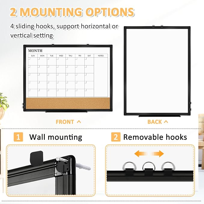 Monthly Dry Erase Calendar Whiteboard with Corkboard, 30" x 20", Black | Magnetic, White Board Cork Board Combo, Double Sided, Wall Mounted, Aluminum Frame, for Home, Office, Kitchen, Dorm