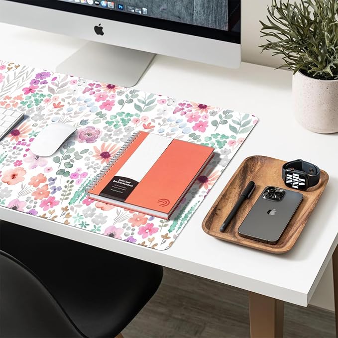 Flower Large Mouse Pad, Floral Desk Matt for Desktop, PU Leather Waterproof Desk Pad, Computer PC Laptop Protector Gaming Mouse Pads for Women Office Decor (31.5" x 15.7")
