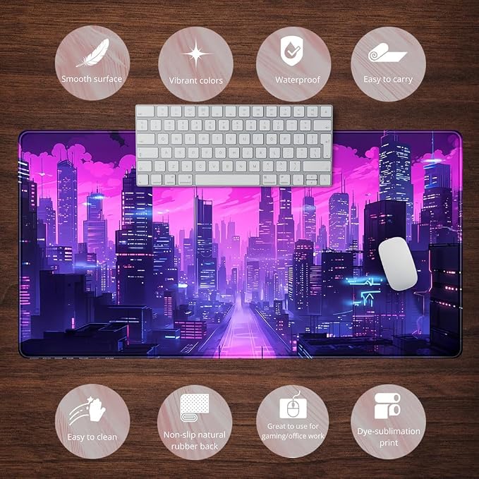 Cyberpunk Neon Purple City Gaming Desk Mouse Pad XL Pink Extended Mouse Pad Gaming, Keyboard Pc Office Laptop Mousepad Large, 31.5x15.8 in with Stitched Eges Non-Slip Base Mouse Pads