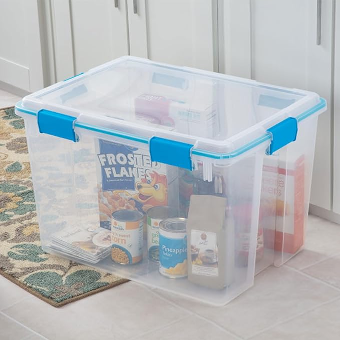 Sterilite 19384304 80 Quart/76 L Gasket Box, Clear Lid & Base with Blue Aquarium Latches & Gasket (4 Pack)