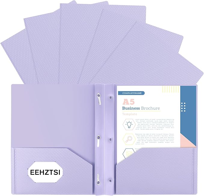 6-Pack Plastic andPockets and Prongs,2-Pocket and3 Fasteners, Pastel Folders Holds 8-1/2" x 11" Paper for School/Office/Home, Purple