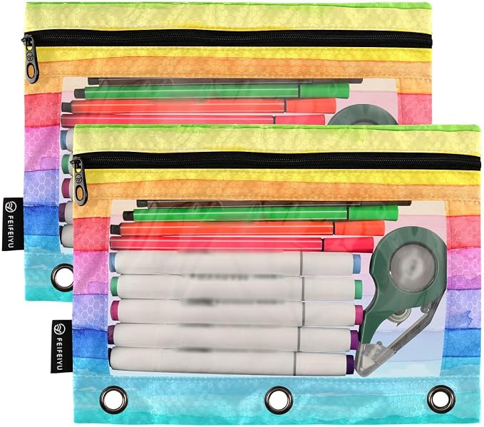 Gredecor 3 Ring Binder Pencil Pouch, Bright Striped Watercolor Zippered Pen Case Pouches with Clear Window, 2 Pack Stylish Office & School Supplie