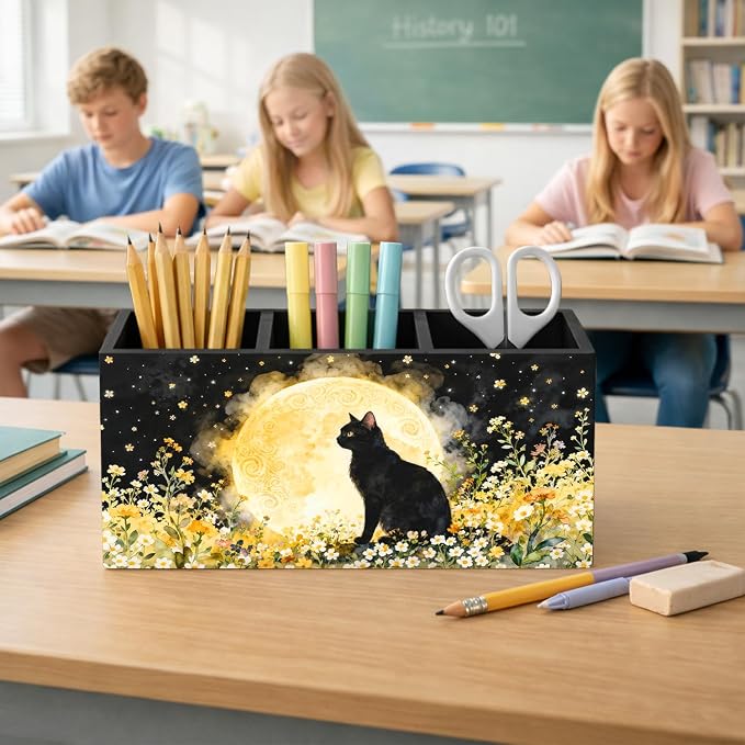 Full Moon Floral Black Cat Pen Holder Organizer Desk Decor, Black Cat Lover Gifts, Whimsical Moonlit Kitty Kitten Wooden Pen Pencil Holders for Home Office Desk Accessories