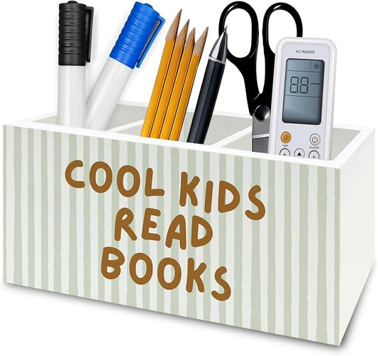 Cool Kids Read Books Pen Pencil Holder Organizer for Desk, Book Lover Reader Bookworm Gifts Wooden Box Signs Decorations for Reading Corner Nook Room Classroom Desk Tabletop, Reading Room Decor