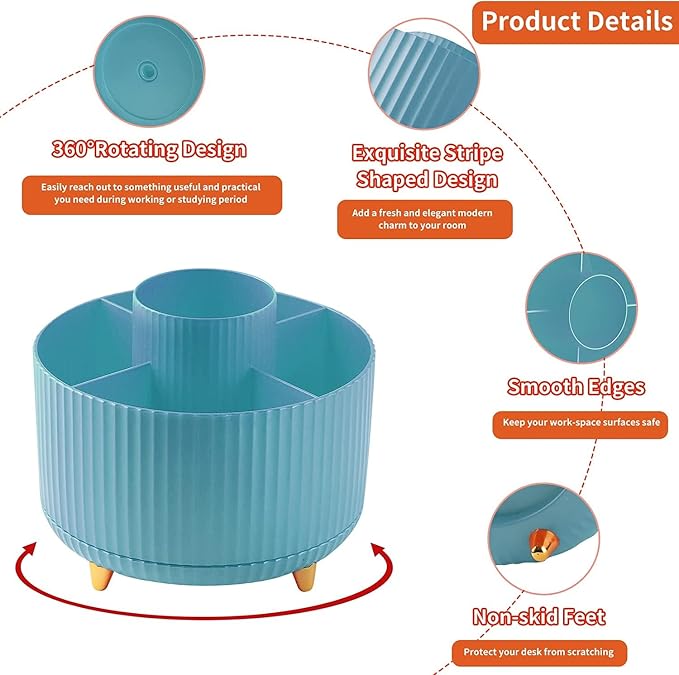 Desk Pencil Pen Holder, 5 Slots 360°Degree Rotating Organizers for, Desktop Storage Stationery Supplies Organizer, Cute Cup Pot Office, School, Home, Art Supply, Blue