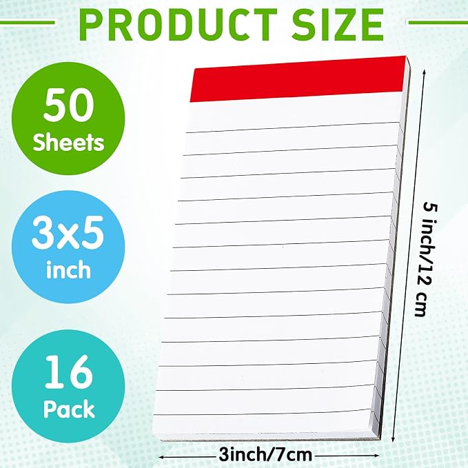 Tenceur 16 Pcs Small Notepads 3'' x 5'' Lined Writing Note Pad - 50 Sheets Per Memo Pad, 80 Gsm Paper Pads, Perforated Mini Pads Pocket Notebook Refills for Taking Notes and Reminders (Vibrant Color)