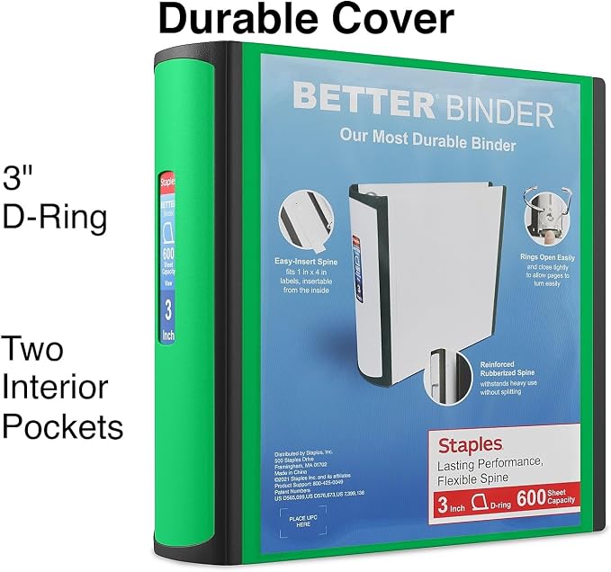 Staples Better Binder, 3" Heavy‑Duty D‑Ring 3‑Ring Binder, Green, Reinforced Spine, Holds 600 Sheets, Durable Organizer for Office, School & Presentations, 2‑Pack
