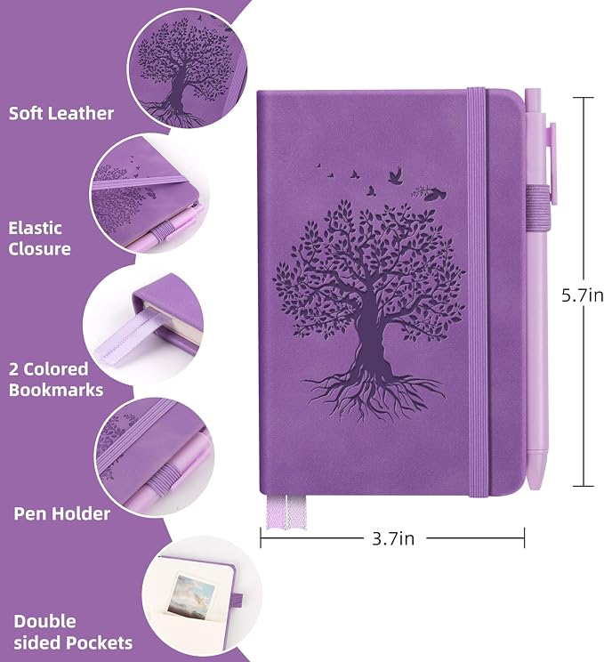 3 Pack Pocket Journaling Notebooks, A6 Small Notebook Total 360 Pages Journaling Notebooks For Note Taking Journals For Writing Mini Note Pads With Pen Holder 100 GSM Thick Paper(3 Purple)