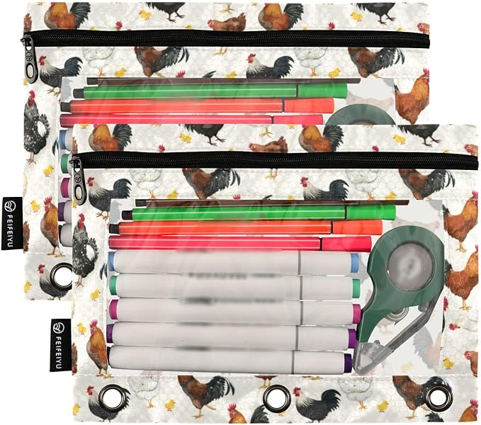 ALAZA Pencil Pouch for 3 Ring Binder, Hens Roosters and Chickens Binder Pencil Pouches with Clear Window Zipper Pencil Case Cosmetic Bags for Office College Supplies, 2PCS