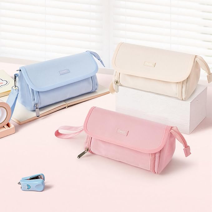 Sooez Super Large Pencil Case, Big Capacity Pencil Bag with 3 Compartments, can hold 100 pencils, Cute Pencil Pouch with Zipper, Portable Stationery Pen Bag, School Supplies For Teen Girl, Sky Blue