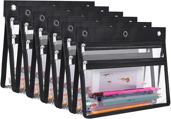 YoeeJob 6 Pack Zipper Pencil Pouches for 3 Ring Binder, 1.5 Inch Expandable with 2 Pockets and Clear Window for School and Office (Black)