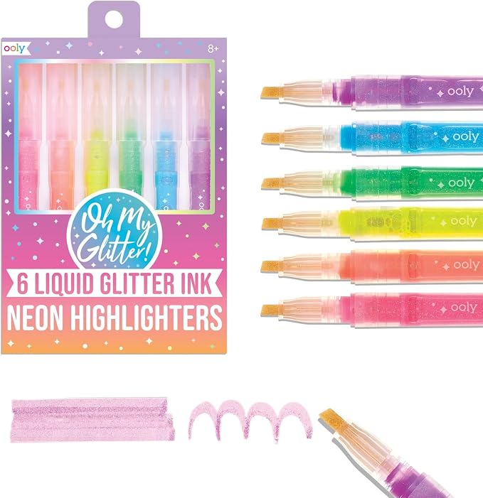 OOLY Oh My Glitter Neon Highlighters, Set of 6 | Ages 8+, Chisel Tip Glitter Markers, Liquid Neon Ink, Acid-Free, Great School and Stationery Supplies for Kids