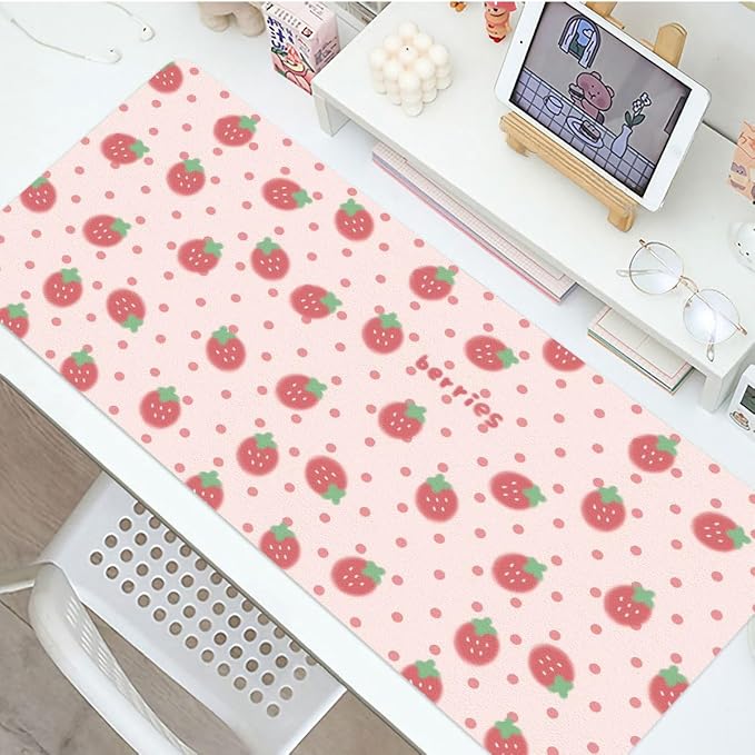 Cute Strawberry Pink Large Mouse Pad, PU Leather Desk Pad Protector, Non-Slip Computer Desk Writing Mat, Gaming Keyboard Mouse Pad, Office Desk Accessories