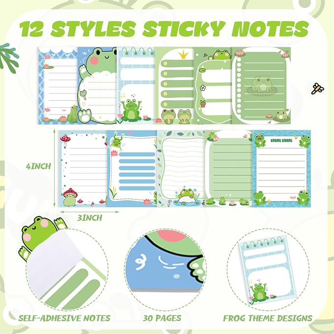 Chiisong 12 Pack Frog Sticky Notes Gifts Cute Frog Sticky Notes 3x4 Inch Cartoon Funny Self Stick Notepads Novelty Animals Post Pads Favors for Women Men Office Supplies Home Christmas Small Gifts