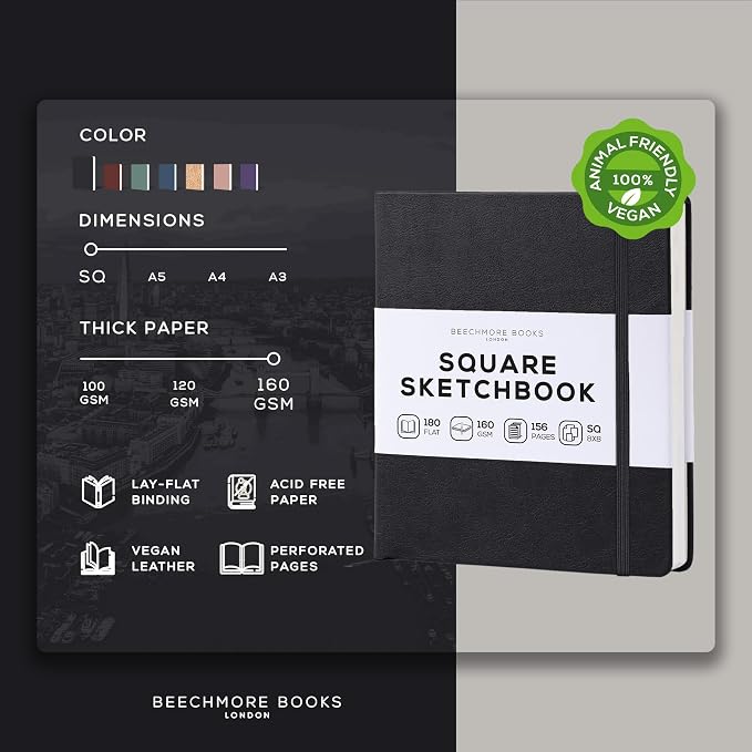 Beechmore Books Square Mixed Media Sketchbook - 8"x8" Professional Art Journal, 160 GSM / 98 lb Ivory Paper, Perforated Pages, Vegan Leather Hardcover, Lay-Flat Design for Drawing & Doodling