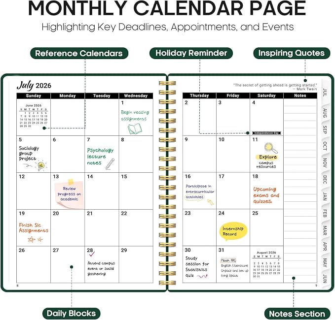 Planner 2026-2027, Weekly and Monthly Academic Year Planner Calendar, July 2026 - June 2027, Hardcover Large School Planning Agenda With Tabs, Perfect for School & Office Supplies, A4 (8.5" x 11"), Dark Green