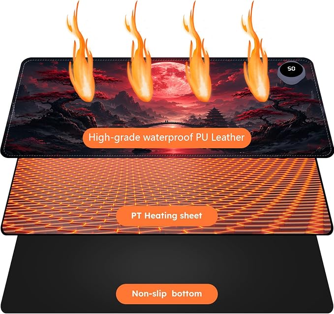 Large Heated Mouse Pad–23.6" x 14.2" Desk Mat for Office | 3 Adjustable Heat Levels,Auto Shut-Off After 3 Hours for Safety,Keeps Hands Warm While Working，Blood Moon Scenery