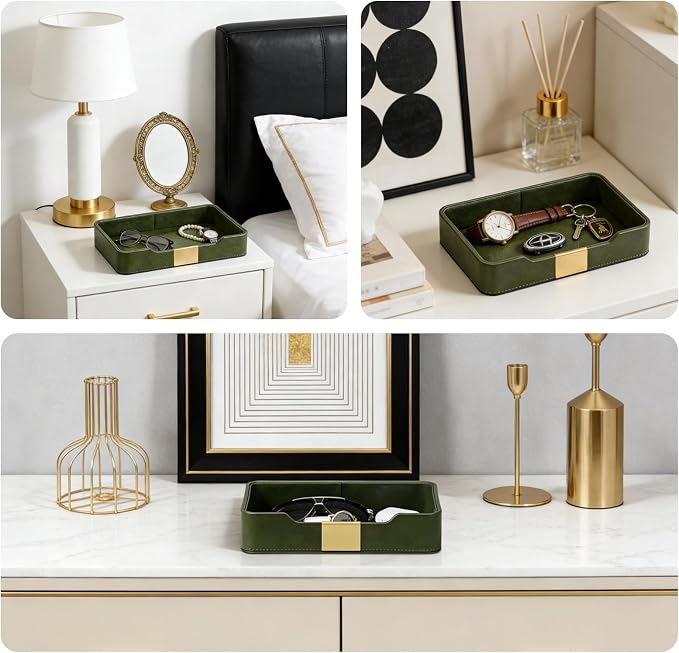 Green Luxury Leather Jewelry Tray - Stylish Desk Accessories & Nightstand Organizer for Holding Jewelry, Watch, Keys, Phone & Wallet (Entryway/Desktop Decor)