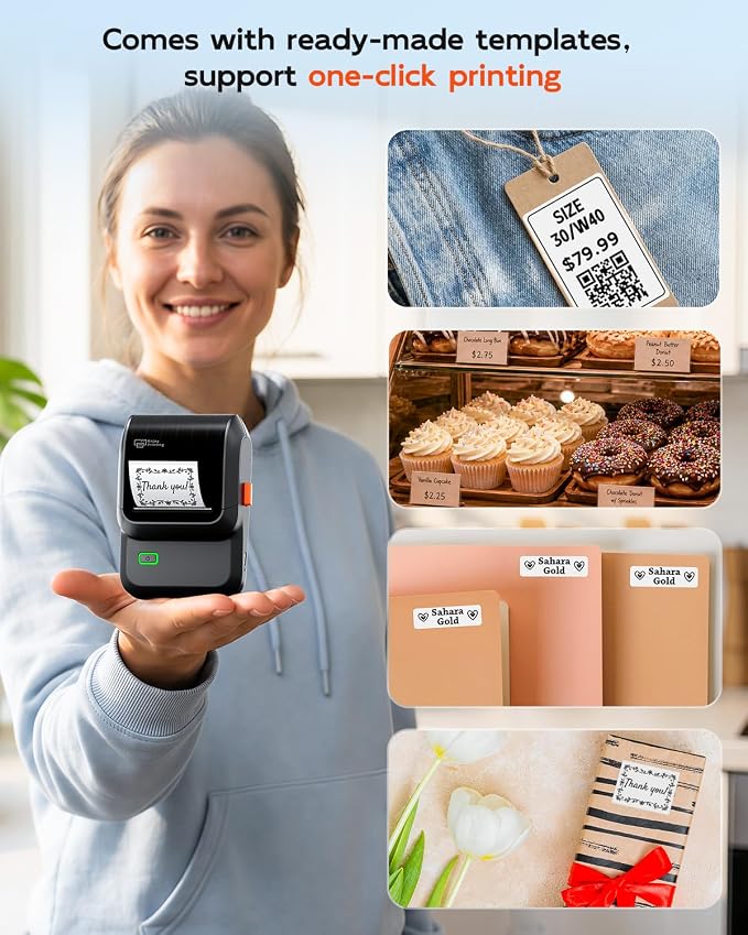 Label Maker Machine with 3 Tapes, Portable Bluetooth Theraml Printer, Black | 2 inch Inkless Label Printer with 6000+ Templates, Easy to Use for For Small Business，Home，School，Organization ,Office