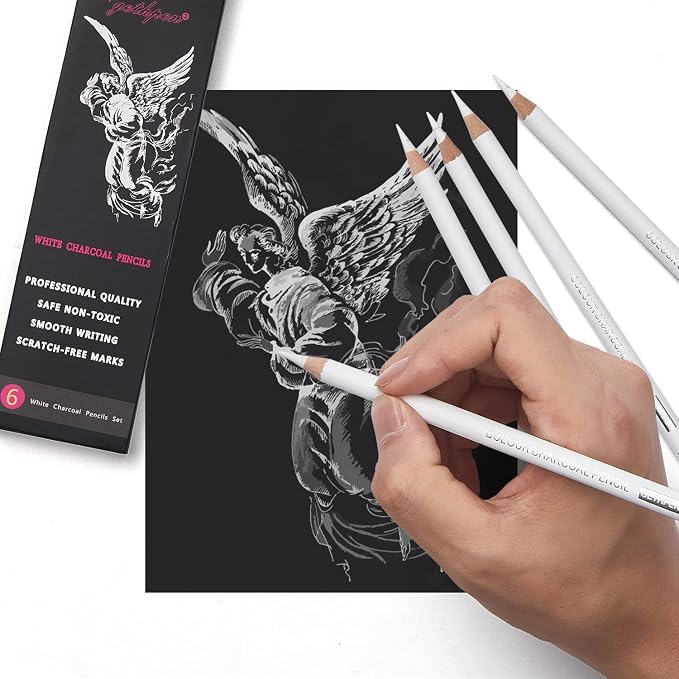GETHPEN White Charcoal Pencils Set, High-light Sketch Chalk Pencil,6 Pieces | White Charcoal and High-light Sketch Pencils,Drawing, Sketching, Shading, Blending, White Chalk Pencils, Beginners & Artists