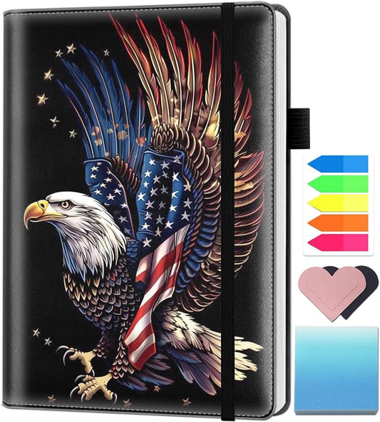 A5 Leather Lined Journal Notebook, 200 Pages Hardcover Executive Notebook for Men Women Office School Note Taking, Thick Writing Paper Daily Journal with Bookmarks/Indexes,Eagle American Flag