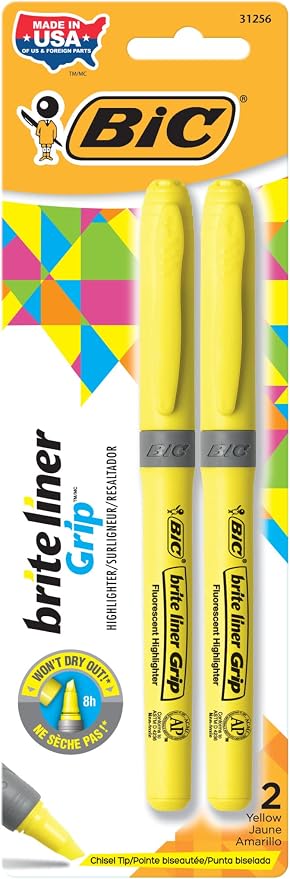 BIC Brite Liner Grip Highlighters, Chisel Tip (1.6 mm), Classic Yellow, 2-Count Pack, Best Highlighters for School Supplies and Office Supplies