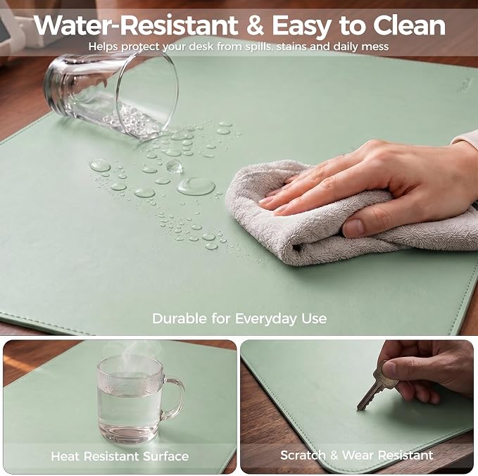 Large Desk Pad Non-Slip Desk Mat Protector for Keyboard Mouse Waterproof Vegan Leather Surface Faux Leather Laptop Mat Smooth Mouse Pad Premium Gift Tube Matcha Green 31.5" x 15.7"