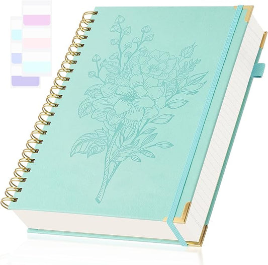 A5 Journaling Notebooks, Hardcover Spiral Notebook, Leather Journal Notebook for Women Girls, College Ruled Notebook with Numbered Page, Pocket & Tab, Small Organizer Notebook for Work School, Teal