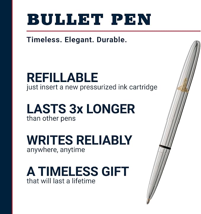 Fisher Space Pen Chrome Shuttle Emblem Bullet Pen, Pressurized Ballpoint Pen, Compact Size, Writes Upside Down, Extreme Temperatures, Smooth Black Ink, Medium Point, Gift Box, Made in USA