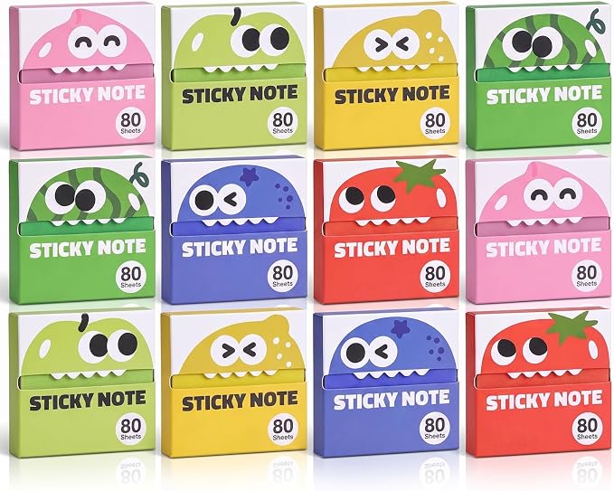 Cute Fruit Monster Pop Up Sticky Notes, Transparent Sticky Notes，12 Boxes | Reusable Office Stationery with Strong Adhesion, No Residue, 50 Reuses Per Sheet, Fun Desk Essential for Office & Study