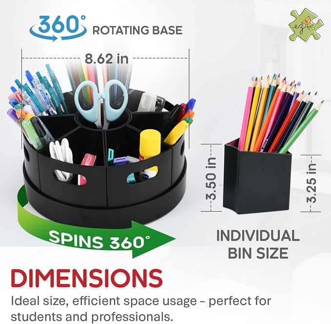 Black Rotating Desk Organizer Lazy Susan Caddies for Home School Office Supplies, Pens, Markers and Art Supplies for Classroom