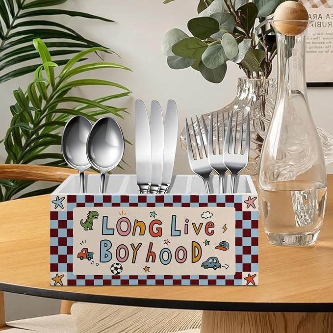 Retro Long Live Boyhood Pen Pencil Holder for Desk Accessories | Boys Room decor, Blue Red Checkered Pen Pencil Holder Organizer Wooden Box Sign for Kids Boys Nursery Playroom Classroom Desk