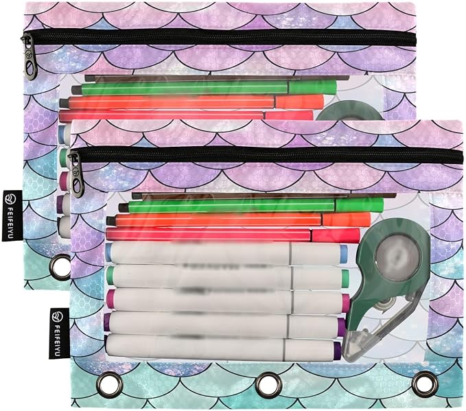 Gredecor Binder Pencil Pouch 3 Ring Pastel Mermaid Scales Zipper Pencil Pouches Case 2 Pack Clear Binder Organizer for School Office