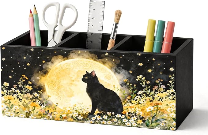 Full Moon Floral Black Cat Pen Holder Organizer Desk Decor, Black Cat Lover Gifts, Whimsical Moonlit Kitty Kitten Wooden Pen Pencil Holders for Home Office Desk Accessories