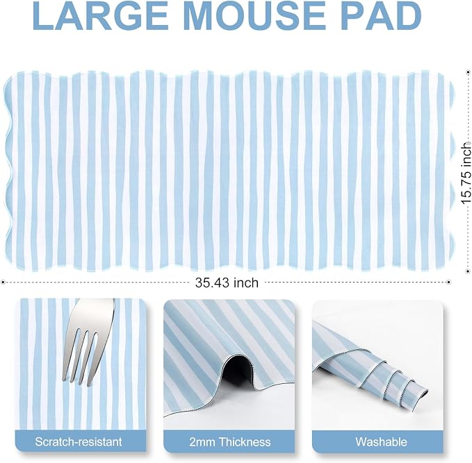 L-SPOUTTO Blue Striped Mouse Pad,Scalloped Desk Mat XXL Large Geometric Gaming Mousepad,35.4x15.7in Non-Slip Rubber Base Keyboard Pad Waterproof Desktop Mat for Laptop Computer Game Home Office
