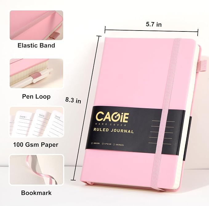 CAGIE Pink Journal Notebook for Women, 320 Pages College Ruled Notebook, 100 Gsm Paper Thick Lined Journal, A5 Hardcover Leather Journals for Writing, 5.7x8.3 In