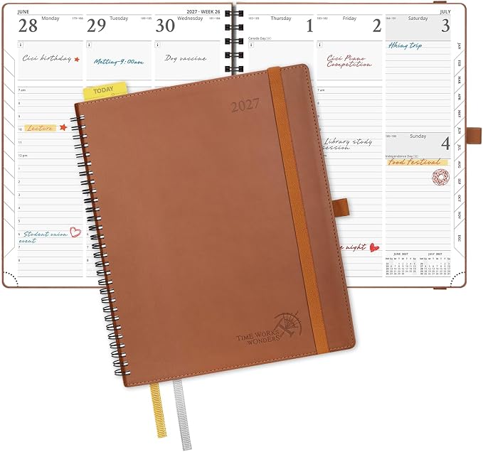 POPRUN 2027 Planner, 8.5'' x 10.5'', Weekly and Monthly Daily Calendar Book | 2027 Agenda(Jan - Dec) Appointment Book with Hourly Time Slots, Monthly Tabs, 100GSM, Spiral Leather Cover - Brown