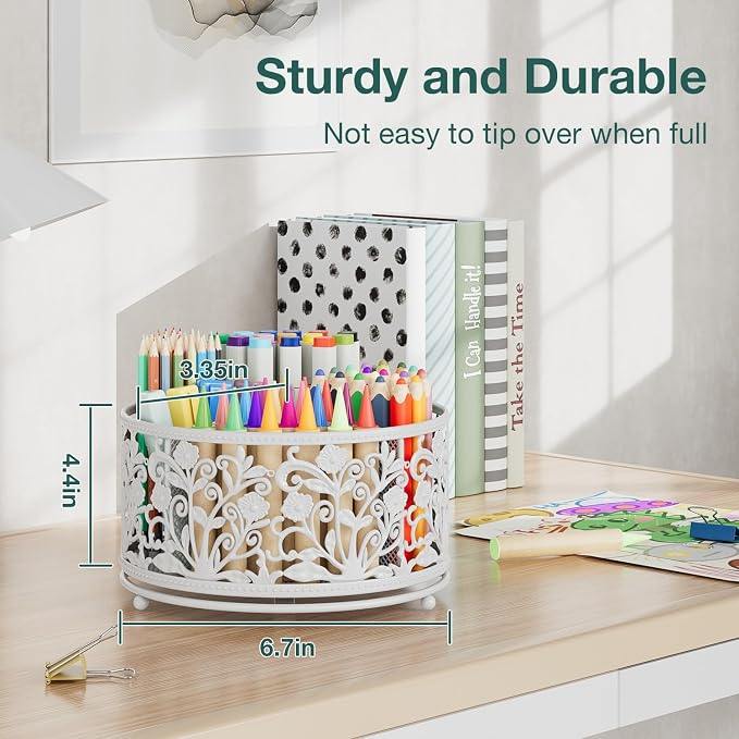 EKNITEY Rotating Mesh Desk Organizer - 4 Slots Cute Pen Pencil Holder Caddy for Office Art Supplies Home School Classroom White