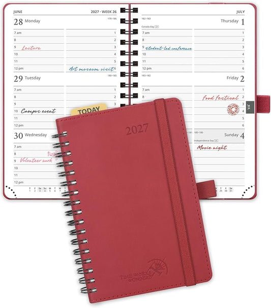 POPRUN 2027 Pocket Planner (Small-4'' x 6.25'') Weekly and Monthly Calendar | 2027 Agenda(Jan - Dec) Appointment Book with Hourly Time Slots, Monthly Tabs, 100GSM, Spiral Leather Cover - Burgundy