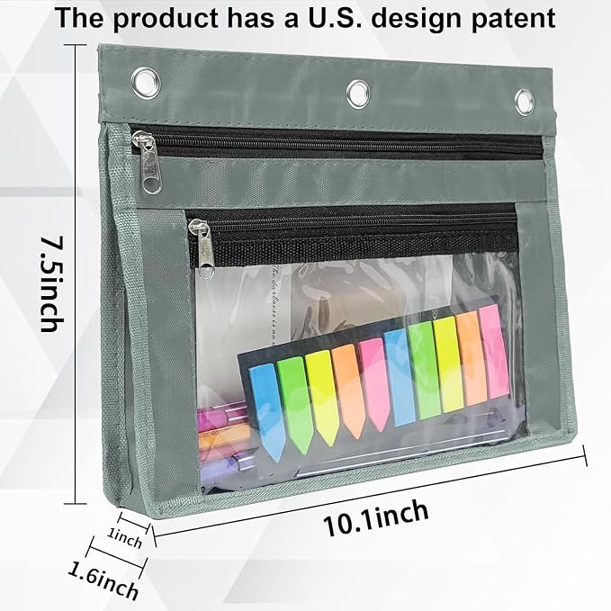 YoeeJob 2 Pack 1 Inch Expandable Zipper Pencil Pouches with Clear Window for 3 Ring Binder, Suitable for School & Office (Grey)