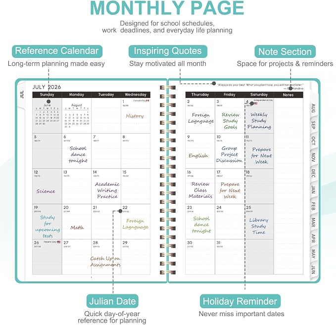 Planner 2026-2027, Weekly and Monthly Academic Year Calendar Planner, July 2026 - June 2027, Daily Agenda Book for Office School Supplies, A5(6.3'' x 8.5'')