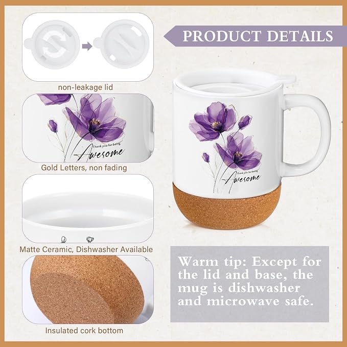 Sayglossy 4 Pcs Thank You Gift Set for Women Back to School Teacher Appreciation Gift Leather Notebook Purple Flower Coffee Mug Scented Candle Ballpoint Pen for Employee Coworker DSP Housekeeping Week